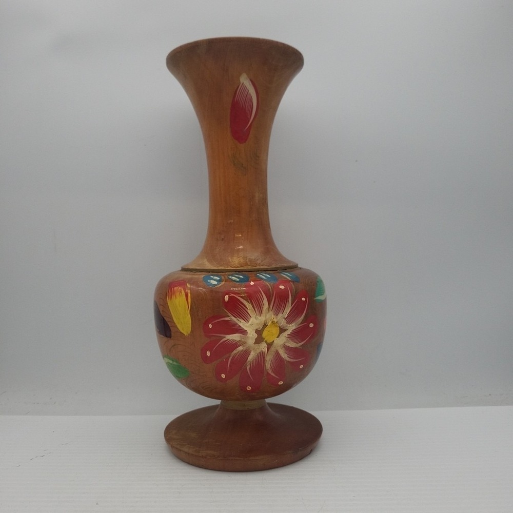 Wood Flower Vase Hand Carved Hand Turned Mexico 10” Brown Floral Painted